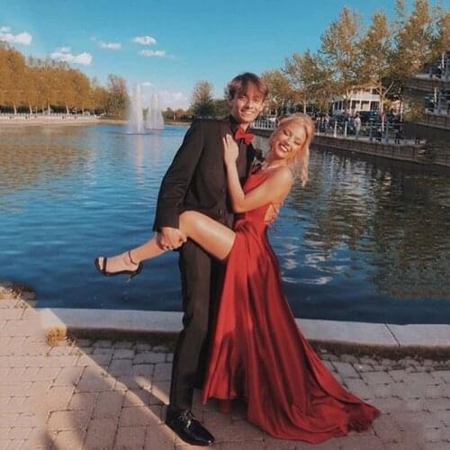 MYYBLE 2021 Sexy Simple Backless Front Split Satin A-line Halter Neck Prom Dresses Evening Party Dress Vestidos De Festa Longo