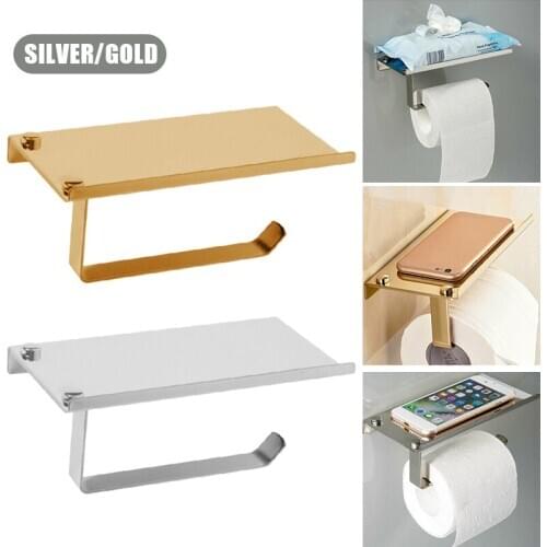 Aluminum Roll Holder Wall Mounted Toilet Paper Roll Holder Phone Storage Shelf Multifunction Rack For Bathroom