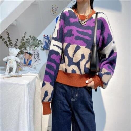 Korobov 2021 New Fashion Vintage Hit Color Leopard Sweaters Korean O Neck Long Sleeve Streetwear Sueter Mujer Harajuku Sweater