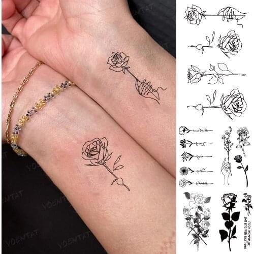 Translation Tattoo Rose Flower Line Plant Hand Black Sketch Waterproof Temporary Kid Tatto Sticker Woman Man Body Art Fake Tatoo