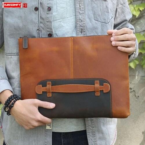 Retro leather 14 inch laptop clutch bag Men briefcase first layer cowhide large capacity mens clutch bag computer A4 file bag