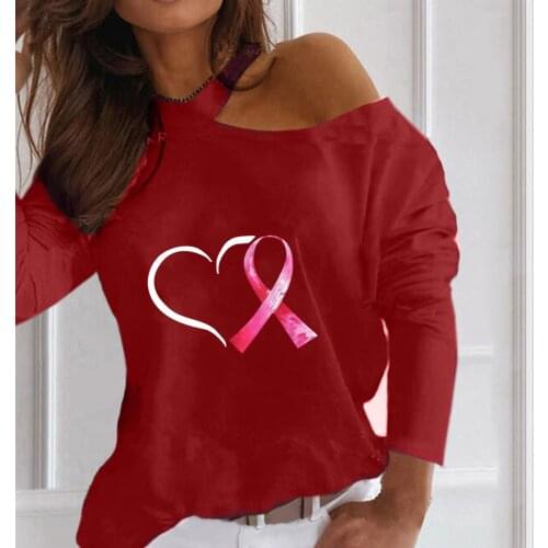 Autumn Winter Women Leisure Fashion Small Fresh Love Heart Delicate Printing Bare Shoulder Long Sleeves T shirt Tops Wholesale