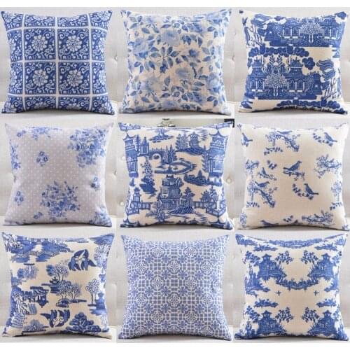 The blue and white porcelain Pattern Cushion Covers Classic Chinese Style Home Decorative Cushion Cover Linen Cotton Pillow Case