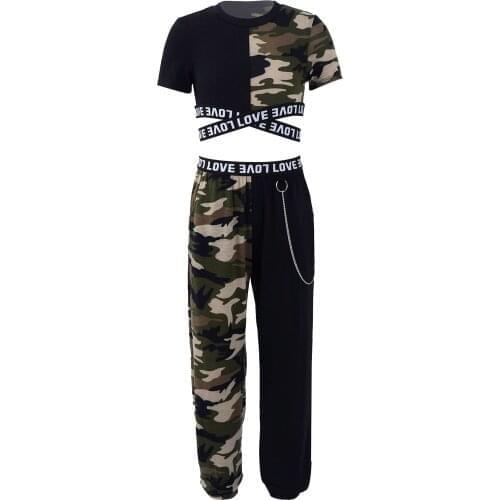 2Pcs Kids Girls Sport Suit Tracksuits Short Sleeves Camouflage Print Crop T-shirt and Pants Set Dance Running Gym Workout Outfit