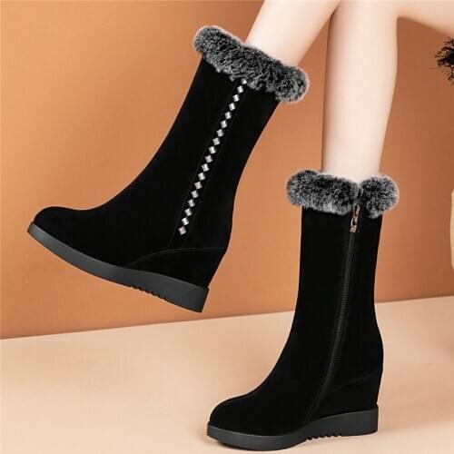 2020 Warm Rabbit Fur Oxfords Shoes Women Genuine Leather Wedges High Heel Snow Boots Female Winter High Top Platform Pumps Shoes