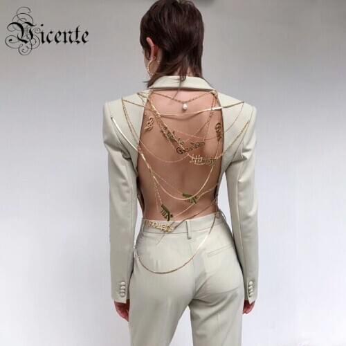 VC All Free Shipping New Trendy Chains Design Sexy Backless Deep V Neck Long Sleeves Celebriy Party Club Women Blazer