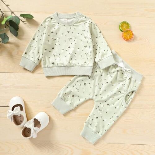 0-3 Years Full Sleeve Clothing Set Baby Floral Print Clothes Set, Girls Long Sleeve O-neck T-shirt + Drawstring Waist Trousers