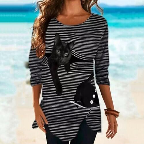 New 2021 Cat Printed Striped Button T-shirt Women Pullover Irregular Hem Long Sleeve O Neck Casual Tee Tops Ladies T Shirts 3XL