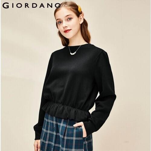 Giordano Women Sweatshirts Puff Sleeves Ruffled Hem O-neck Pullover Pullover Sweatshirt Cotton Ribbed Cuffs Ropa Mujer 05320887