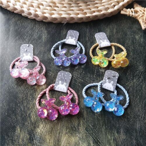 2PCS New Princess Cute Sequin Crystal Cherry Headwear Kids Elastic Hair Bands Children Ropes Girls Accessories Baby Headdress