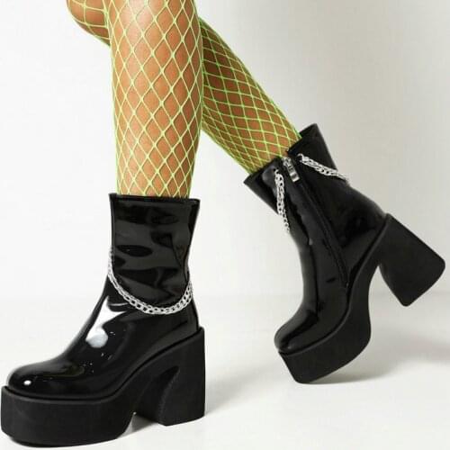 2021 Fashion Patent Pu Leather Women Boots Chain Platform Squae High Heel Anke Boots Autumn Winter Zipper Womans Boots Shoes