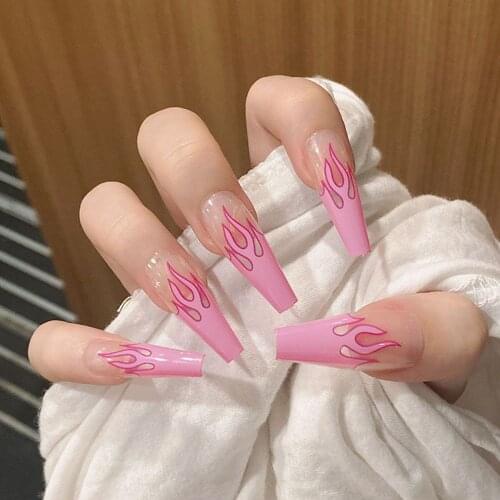 24Pcs Flame Long Coffin Fake Nails Full Cover Detachable French Stick on Nails Ballerina Flame Press on Nails Art Manicure Tool