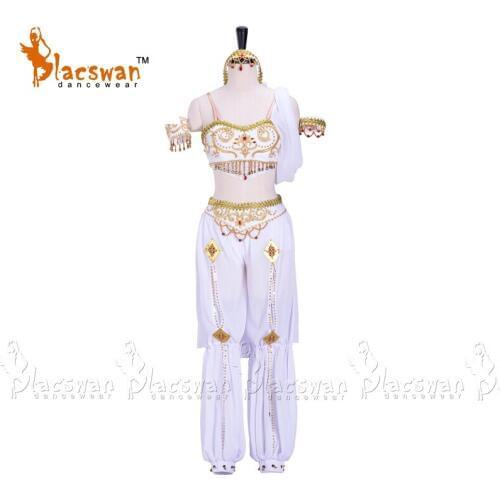 White Oriental ballet dress two pieces Professional Ballet Stage Costume mantilla scarf in Velvet Bra Top Chiffon Pants BT716