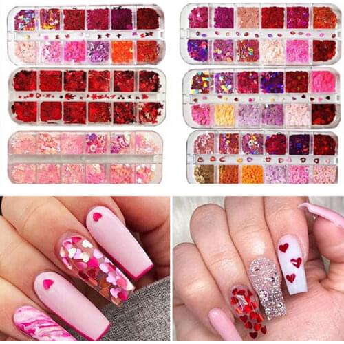 12 Grids Heart Nail Glitter Flakes 3D Sweet Sequins Holo Design Nail Art Decorations Decals Valentines Day Accessories Manicure