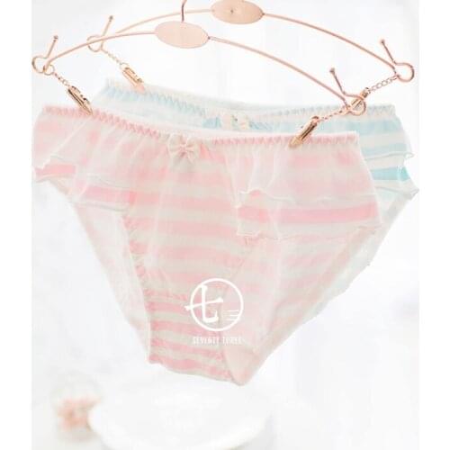 [BUY3GET1FREE] Kawaii Girls Blue / Pink & White Striped Mesh Fly Trim Panties Womens Cotton Underwear Cute Daily Wear Cosplay