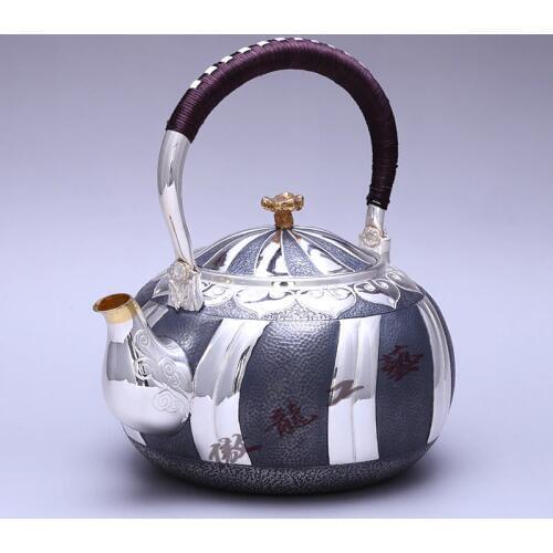 Teapot, kettle, hot water teapot, iron teapot, stainless steel kettle, tea bowl, 1000ml capacity, handmade S999 sterling silver