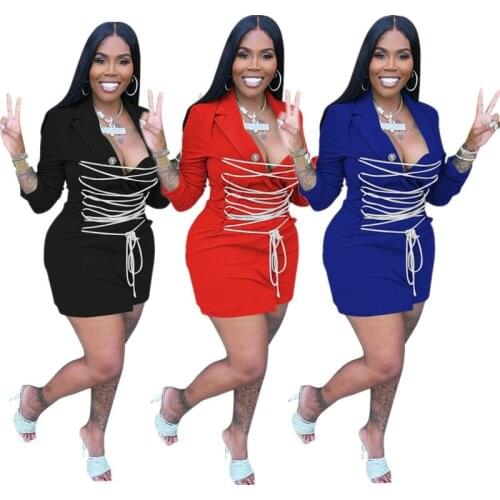 Elegant Streetwear Solid Blazer Mini Women Dress Sexy Deep V Neck Lace Up Long Sleeve Bodycon Club Party Dresses Fall Clothes