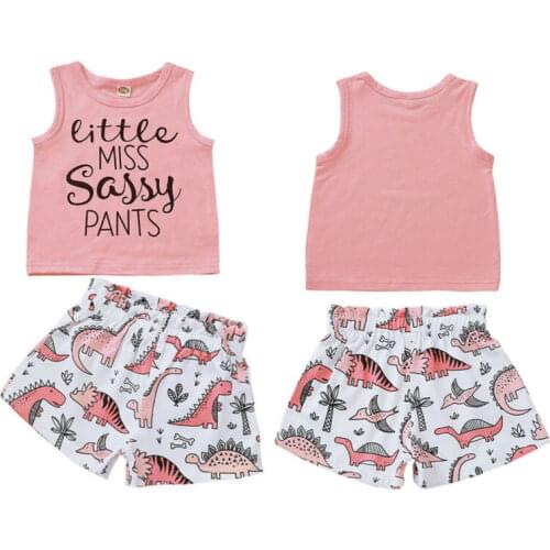 Citgeett Summer Toddler Kids Baby Girls Sleeveless T-shirt Letters Tops Vest Dinosaur Shorts Clothes Tracksuit Set