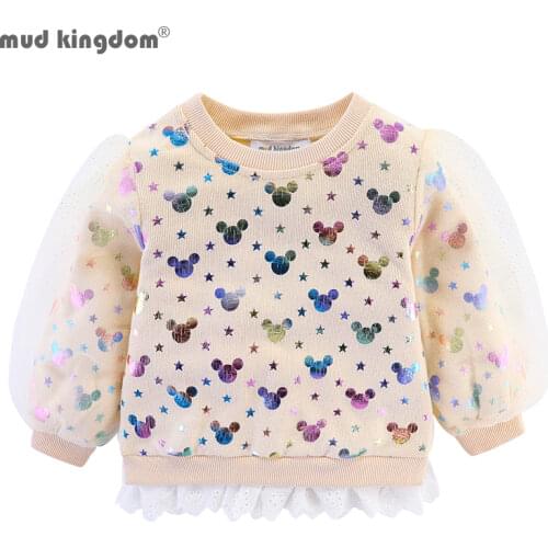 Mudkingdom Tulle Puff Sleeve Girl Sweatshirt Lace Cartoon Cute Loose Long Sleece Tops Lace Hem Pullover Cute Kids Clothes