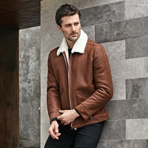 Mens B3 Shearling Jacket Coat Mens Short Turndown Collar Coat Mens Leather Warm Jacket