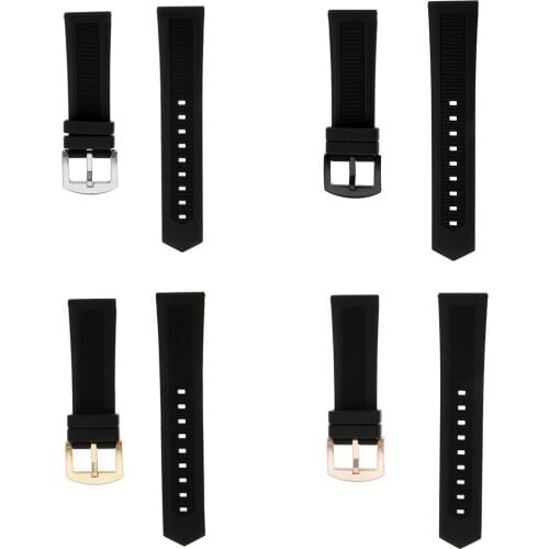 Stainless Steel Brushed Buckle Soft Rubber Watch Strap 19mm 20mm 21mm 22mm 24mm with 4 Spring Bar Black
