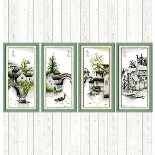 Four Seasons In Water Village Chinese Style Cross Stitch Kit Landscape Series Printed Canvas Handmade Embroidery Needlework Kits