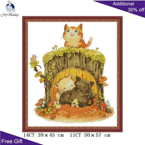 Joy Sunday Kitten Under The Stump DA477 14CT 11CT Counted and Stamped Cute Cats Home Decor Embroidery DIY Cross Stitch kits