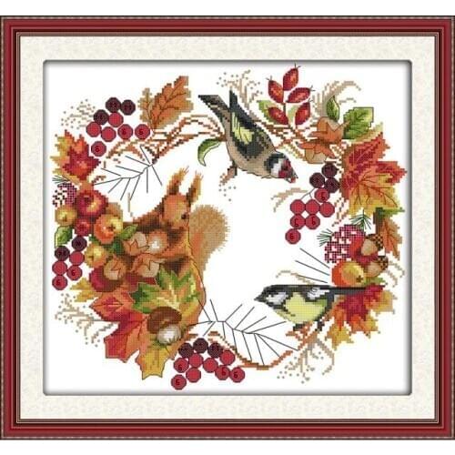 Joy wreath Cross Stitch cartoon animal bird autumn fruit DMC colour 11ct 14ct 18ct Set DIY Cotton Kit Embroidery Needlework