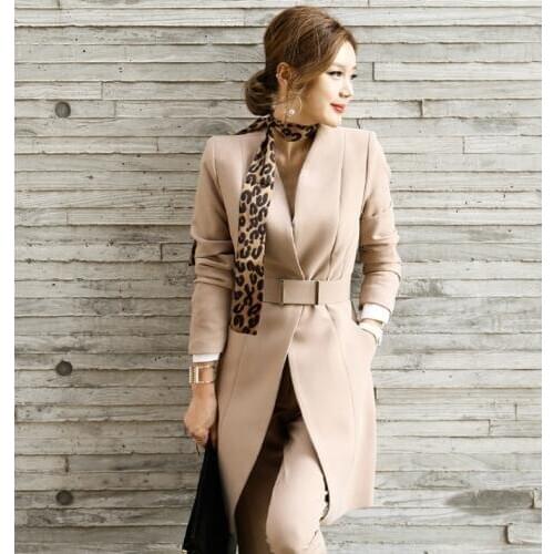 Obrix Blazer+Trousers Female Set V-Neck Full Sleeve Single Button Belt Jacket Zipper Fly Formal Pants Set For Women