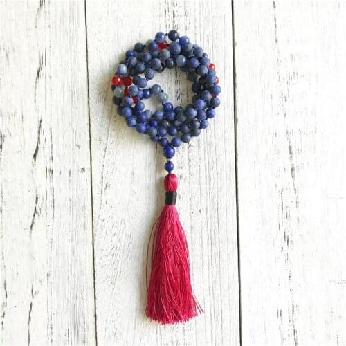 108 Mala Beads Necklace Matte Lapis Lazuli Knotted Necklace Red Tassel Necklaces Prayer Jewelry Meditation Jewelry