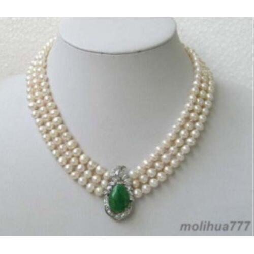 3 rows Genuine white pearl jades pendant necklace