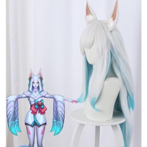 Game LOL Ahri Cosplay Wig 75cm Blue Mixed White Long Straight Wigs Heat Resistant Synthetic Hair+Net Cosplay Prop