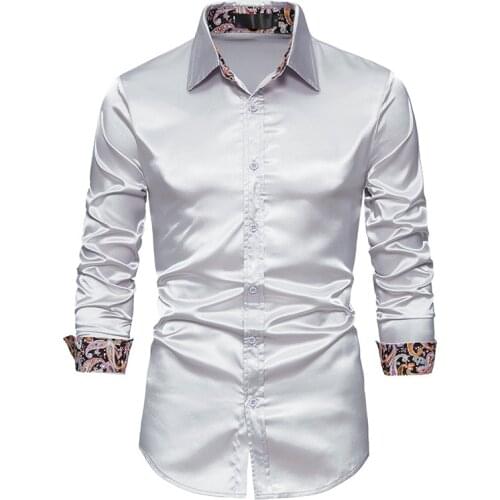 PARKLEES Mens Slim Fit Smooth Satin Silk Dress Shirt Long Sleeve Paisley Patchwork Shirts for Men Button Camisas Men Clothing