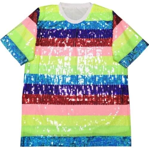 Chic ins Summer Celibrity rainbow stripe sequined T-shirt women short sleeve loose long T-shirt dresses