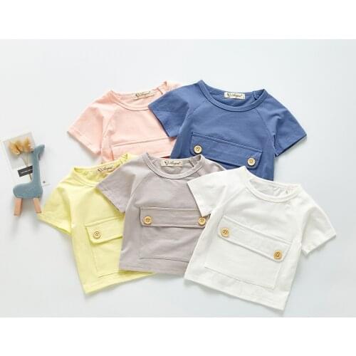 Solid Color Kids Girls T Shirt Cute Pocket Children Girls Tops Cotton Short Sleeve Pullovers Summer Tee Kids Clothes 0-3 Year