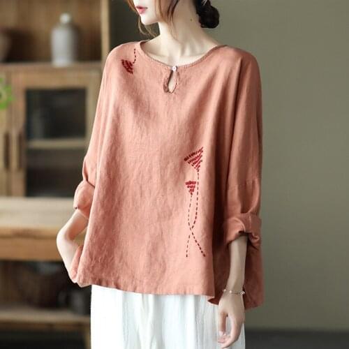 QPFJQD Linen Ladies Full Sleeve Loose Solid Color Embroidery Tees Spring Autumn Women Button Retro T-shirts O-Neck