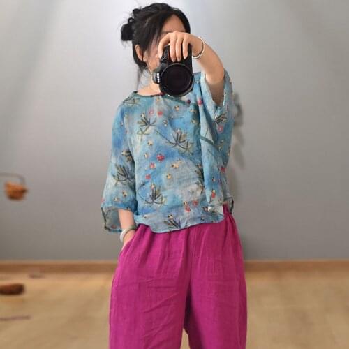 Women Loose Printed Ramie Shirt Tops Ladies Vintage Plus Size Blouse Female 2020 Summer Ramie Shirts Tops