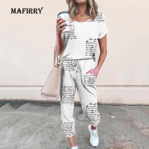 New Summer Women Short Sleeve Full Pants 2PCS Suits Casual O-Neck Printed Pocket Loose Sets Elastic Waist 100% Cotton Streetwear