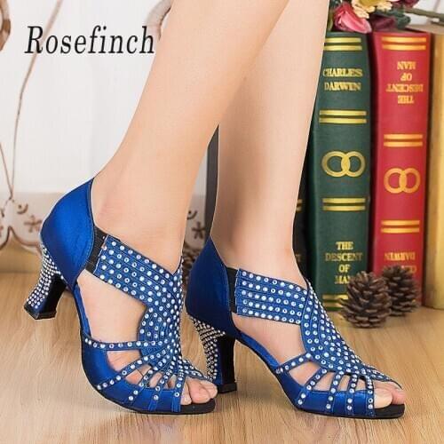 Womens Rhinestone Latin Ballroom Dance Shoes Girls Modern Tango Dancing Shoes Square Heel Black Silver Lady Dance Shoes A218