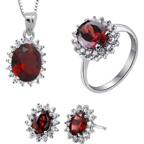 Natural red garnet stone wedding jewelry sets natural garnet stone ring earrings Pendant S925 silver Fashion Round Women wedding