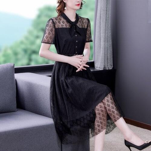 Women Black Embroidery Lace Mesh Sexy Midi Dress 2021 Summer Vintage 4XL Plus Size Solid Dresses Elegant Bodycon Party Vestidos
