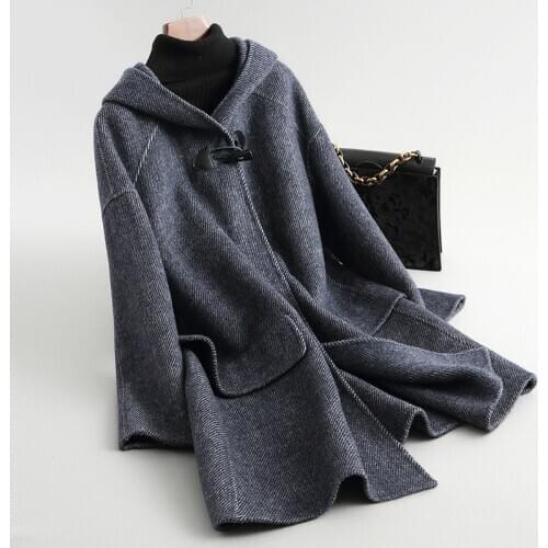 2020 Casual Women Wool Coat Long Autumn Winter Female Jacket Sided Alpaca Cashmere Coats Hooded Outerwear 38049 WYQ1673