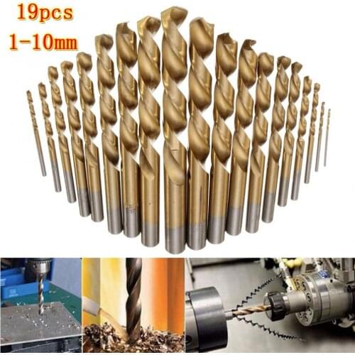 19pcs Manual Twist Drill Bits Titanium Coated HSS High Speed Steel Drill Bit Set Tool 1mm - 10mm NEW