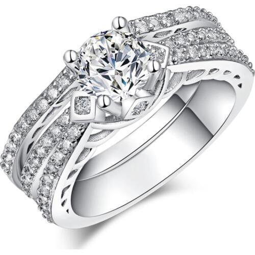 2 ring sets for women wedding ring lady jewelry white Cubic Zircon promise Silver Color finger ring wholesale