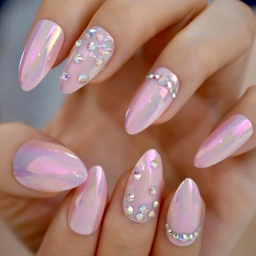 24pcs Almond Inlay Mixed Reflective Butterfly Nails With Design Diamond Wholesale Full Cover Nails Gels Nails Medium