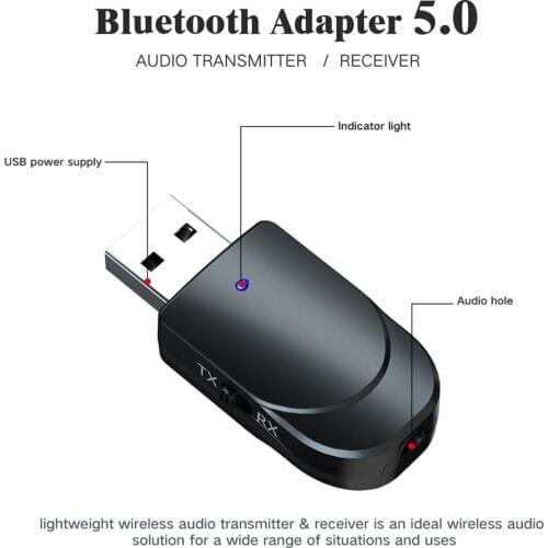 Bundwin KN330 3 IN 1 Bluetooth 5.0 Audio Receiver Transmitter Music Wireless Adapter Mini 3.5mm Jack AUX USB Stereo for TV Car