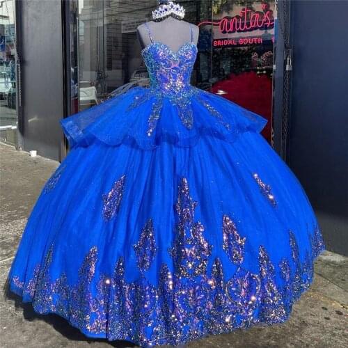 2021 Shining Blue Ball Gown Quinceanera Dresses Beaded Sweetheart Tulle Sequined Applique Sweet 15 16 Dress Party Wear