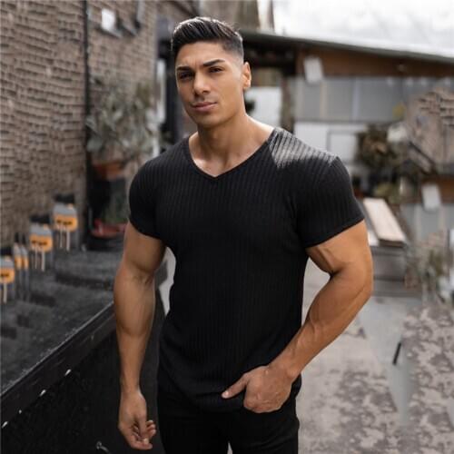 New Summer Mens Fashion T-shirt Knitting V-Neck Slim Fit Tee Shirt Mens Short Sleeve Pullovers Tshirts Men Fitness Knittwear