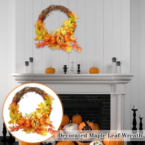 Artificial Maple Fall Leaf Wreath Fake Pine Cones Pumpkins Wall Hanging Garland for Thanksgiving Halloween Party Home Decor