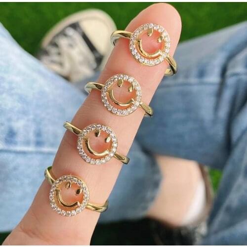 10Pcs New Fashion 2021 Trendy Gold Filled Crystal Zircon Pave Smiling Face Ring Women Open Finger Ring Statement
